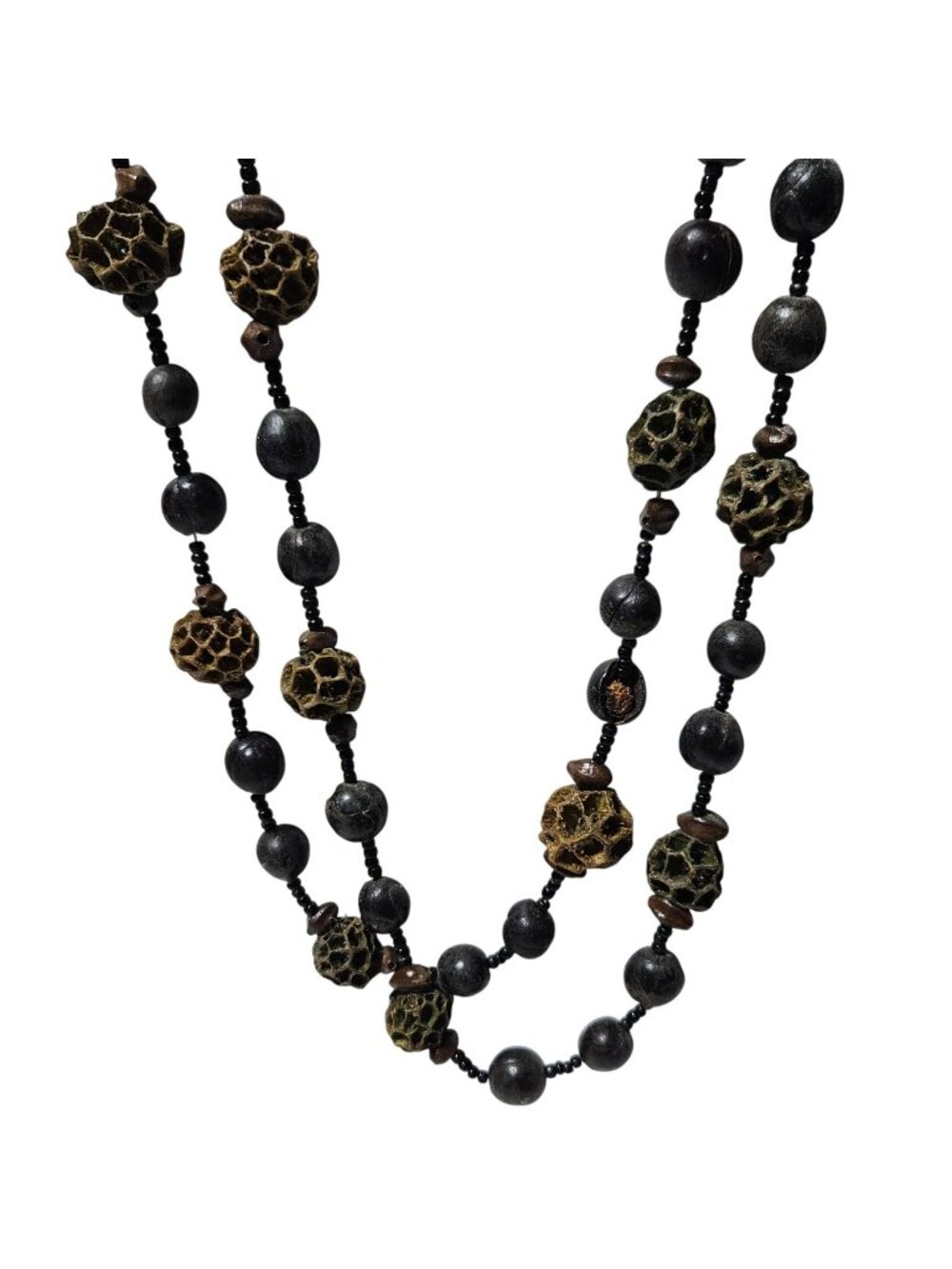 Vintage Beaded Necklace Unique Organic Brown Black Beads Boho Fashion Jewelry